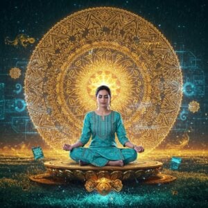 A serene young Indian woman in contemporary fusion wear (pastel blue and gold silk kurta with minimalist design) seated in a modern meditation pose on a floating lotus platform amidst a surreal digital landscape. The background features a massive, intricate Madhubani-style mandala that transforms into flowing circuit patterns and sacred geometry. Holographic screens with subtle Sanskrit symbols float around her, while traditional Indian motifs like peacocks and lotus flowers merge with futuristic elements. The scene is illuminated by both warm spiritual golden light and cool technological blue accents. Swirling energy patterns in saffron and electric blue connect ancient wisdom symbols with modern tech interfaces. The woman's expression is peaceful yet confident, wearing modern smart devices that blend seamlessly with traditional Indian jewelry. The overall composition balances Phad art's storytelling elements with sleek, minimal modern design, creating a harmonious fusion of tradition and technology. Soft particle effects and digital rain in gold and azure create depth and movement.