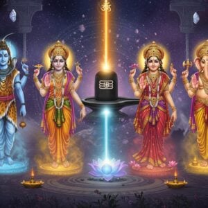 A serene digital illustration showing five Hindu deities - Shiva, Vishnu, Devi, Ganesh, and Surya - arranged in a modern circular mandala formation against a cosmic backdrop. Each deity emanates their signature colors: ice-blue for Shiva, deep ocean-blue for Vishnu, crimson for Devi, saffron for Ganesh, and golden for Surya. The deities are depicted in traditional Madhubani art style but with a contemporary digital finish. The center features a large, intricate Shiva Lingam with five different colored streams of light emerging from it, connecting to each deity. The background shows subtle sacred geometry patterns in gold and silver, with floating lotus flowers and vedic symbols. The lighting is ethereal with a mix of cool moonlight and warm sunlight, creating a divine atmosphere. The scene is framed by modern interpretations of traditional Indian architectural elements, with floating crystals and subtle smoke effects. The color palette combines deep traditional colors with modern metallic and iridescent touches.