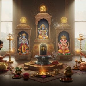 A serene digital illustration showcasing a modern Indian family performing Panchayatana puja, with five distinct shrines arranged in a geometric mandala pattern. Each shrine housing Lord Shiva (crystal Lingam), Lord Vishnu (standing with four arms holding shankha, chakra, gada, and padma), Lord Ganesha (elephant-headed with four arms), Devi (seated on lotus with four arms), and Surya (radiating golden light). The family wears contemporary Indian attire with traditional elements. The scene is set in a minimalist modern home interior with large windows, through which soft morning light streams in. Floating around them are ethereal, translucent sacred symbols - Om, Swastika, and Sri Yantra. The color palette combines deep maroons, saffron, and peacock blue with modern metallic gold accents. Intricate Madhubani-style patterns adorn the walls, while digital particle effects create a mystical atmosphere. Small details include brass lamps, fresh flowers, and traditional copper vessels arranged in sacred geometry patterns. The lighting creates a divine glow, with rays of light intersecting the incense smoke in geometric patterns.