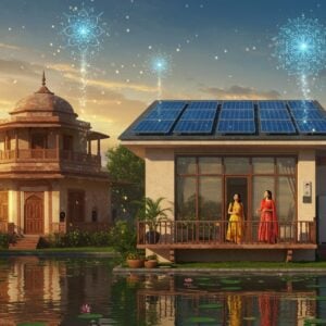 A modern Indian home with sleek glass windows and traditional architectural elements, bathed in golden sunlight. The rooftop features an array of pristine solar panels reflecting the sky. A young Indian family (father, mother, and child) stands on their balcony, dressed in contemporary Indian fusion wear, looking optimistically towards the sun. The scene transitions from a traditional Indian village house on one side to modern sustainable buildings on the other, connected by flowing energy patterns in luminous saffron and blue hues. Floating mandalas made of solar cells and circuit patterns hover in the sky. The foreground shows a lotus pond reflecting the scene, with water ripples creating sacred geometry patterns. Ethereal light beams in gold and azure connect the solar panels to various household appliances subtly placed in the scene. The art style combines hyperrealistic architectural details with Madhubani-inspired decorative elements in the background. The color palette features deep navy blues of solar panels, warm golden sunlight, and earthy terracotta of traditional Indian architecture. Soft glowing particles float in the air, suggesting energy transformation.