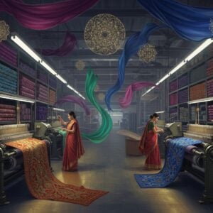 A grand, ethereal workshop scene with skilled Indian artisans in traditional attire working on vibrant textiles, set in a sprawling, modern factory space. Streams of colorful fabrics in jewel tones (deep blue, royal purple, emerald green) flow through the air like ribbons. In the foreground, three master craftswomen in elegant sarees work on intricate embroidery with golden threads that emit a subtle glow. Modern machinery seamlessly blends with traditional handlooms, both rendered in gleaming steel and brass. The background features towering shelves of rolled fabrics in Madhubani-inspired patterns. Soft, directional lighting creates dramatic shadows, highlighting the textures of different materials. Floating mandalas made of threaded patterns appear in the air, while lotus motifs are subtly woven into the fabric designs. The scene combines industrial precision with artistic beauty, rendered in a style merging contemporary digital art with traditional Indian Pattachitra techniques. The color palette transitions from warm golden light in the foreground to cool, professional blues in the background, creating depth and dimension.