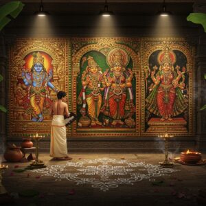 A majestic scene featuring a traditional South Indian artist painting on a golden-hued wall, wearing a cream silk dhoti and angavastram. The wall showcases multiple painting styles merging seamlessly - a Tanjore painting of Krishna in raised gold relief work on the left, a Kerala mural depicting Kathakali dancers in vibrant greens and reds in the center, and a Mysore style painting of Goddess Lakshmi with pearl inlay work on the right. Intricate kolam patterns in white flow across the floor. The artist's workspace features traditional materials - natural pigments in earthen pots, golden foils, and precious stones. Soft divine light streams through ornate temple windows, casting a mystical glow. The scene is framed by banana leaves and temple pillars with detailed carvings. Modern spotlights illuminate specific paintings, creating a museum-like ambiance. The color palette includes deep burgundy, forest green, royal blue, and abundant gold accents. Style combines hyperrealistic digital art with traditional Dravidian art elements. The atmosphere is serene and sophisticated with floating lotus petals and subtle incense smoke adding movement to the scene.