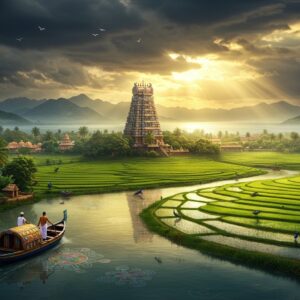 A breathtaking panoramic view of Southeast Indian landscape with the Bay of Bengal in the background, featuring majestic Eastern Ghats mountains transitioning into lush green rice paddies. In the foreground, a traditional Tamil fishing boat adorned with colorful Kolam patterns glides through backwaters lined with coconut palms. The sky displays a dramatic monsoon scene with dark clouds parting to reveal golden sunlight, casting divine rays over the landscape. Rich spice plantations dot the hillsides in vibrant greens and browns. A temple tower emerges from morning mist in the middle ground, its Dravidian architecture detailed with intricate carvings. The scene includes peacocks near a small waterfall, and banana plantations in terraced fields. The color palette combines deep greens, ocean blues, earthy browns, and golden sunlight. The art style merges hyperrealistic digital painting with traditional Tanjore art elements, featuring metallic gold accents and ornate patterns in the clouds and water reflections. Soft atmospheric perspective creates depth, while detailed textures in the foreground enhance visual interest.