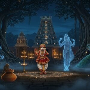 A mystical nighttime scene in a South Indian temple courtyard, illuminated by traditional brass oil lamps and moonlight. A traditional Yakshagana performer in elaborate costume and crown dances in the center, while the spirit of Mohini emerges as a ethereal, translucent figure in a flowing silk saree. Ancient banyan trees with glowing fireflies frame the scene, their aerial roots creating natural archways. In the background, a grand Dravidian temple gopuram rises, its tiers adorned with intricate sculptures of deities and mythical creatures glowing with a subtle golden light. The foreground features kolam patterns that emit a soft blue luminescence. Multiple story elements float as ethereal vignettes around the main scene: a golden vessel representing Akshaya Patra, a magnificent seven-headed serpent representing Adisesha, and a peacock with gleaming feathers. The color palette combines deep midnight blues, burnished golds, and rich earth tones with occasional touches of emerald green and deep crimson. The art style seamlessly blends traditional Tanjore painting techniques with modern digital art, creating a surreal, dreamlike quality. Soft mist swirls around the base, adding to the mystical atmosphere.