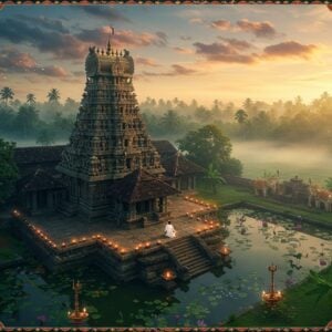 A mystical aerial view of Kerala's lush green landscape at dawn, featuring ancient temple architecture seamlessly blending with nature. In the foreground, a detailed stone temple with traditional South Indian Dravidian architecture, its golden-tipped gopuram reaching toward a ethereal sky filled with soft pink and orange clouds. Sacred lotus ponds surround the temple, their surfaces reflecting golden morning light. An Indian spiritual seeker in modern meditation pose sits on temple steps, draped in pristine white clothing with a peaceful expression. Intricate Madhubani-style patterns frame the scene, incorporating traditional Kerala motifs like elephants and banana leaves. Soft rays of divine light filter through morning mist, creating a dreamy atmosphere. The color palette features deep emerald greens, burnished golds, and soft coral tones. Sacred oil lamps line the temple steps, their flames creating a warm glow. Delicate mandala patterns float in the air like translucent spiritual energy. The scene is rendered in a harmonious blend of photorealistic detail and ethereal digital art, with careful attention to authentic South Indian architectural details and spiritual symbolism.