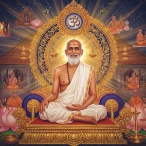 A serene portrait of Sree Narayana Guru in pristine white dhoti, seated in padmasana on a golden lotus platform, radiating divine light. His expression is peaceful and compassionate, with gentle eyes and a warm smile. Behind him, a large, intricate mandala in gold and deep blue contains symbols of his teachings - a mirror representing self-reflection, a lamp symbolizing enlightenment, and the Om symbol. The background features a stylized Kerala temple architecture with curved roofs in Madhubani art style. Floating lotus flowers and spiritual symbols in soft pastels surround him. Multiple translucent layers show scenes from his life - teaching disciples, performing consecration of temples, and helping the downtrodden. The lighting is ethereal with warm golden rays emerging from his aura, creating a mystical atmosphere. The composition includes traditional Kerala motifs in peacock blue and gold, with delicate pattern work inspired by Pattachitra art. Hyperrealistic digital art style with surreal elements, emphasizing divinity and wisdom.
