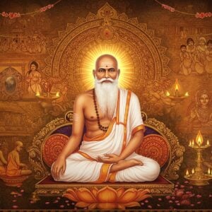 A serene portrait of Sree Narayana Guru in his characteristic white dhoti and shawl, seated in meditation on an ornate lotus platform, radiating golden divine light. His calm, wise face with flowing white beard is illuminated by a soft ethereal glow. Behind him, a large mandala incorporating symbols of his teachings - the mirror representing self-reflection, the lamp of knowledge, and the lotus of enlightenment - rendered in intricate Malayali temple art style with modern digital flourishes. The background shows stylized scenes from his life - a temple with open doors welcoming all castes, schools teaching children, and social reformation activities, all flowing together in a dreamy, watercolor effect. The color palette combines deep spiritual colors like saffron and gold with serene blues and whites. Sacred threads and floating flower petals frame the composition. The artwork merges traditional Kerala mural art patterns with contemporary digital art techniques, creating a harmonious blend of heritage and modernity. Multiple golden light rays emerge from his form, symbolizing his far-reaching influence on society.