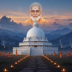 A serene twilight scene capturing Sree Narayana Guru's sacred Samadhi shrine at Sivagiri, rendered in a blend of traditional Indian and modern digital art styles. The white-domed structure glows with an ethereal golden light, surrounded by floating lotus flowers in soft pastels. The Guru's gentle, enlightened face appears as a translucent, spiritual manifestation above the shrine, radiating peace and wisdom. Intricate Madhubani-style patterns in gold and saffron adorn the shrine's base. The background features misty Western Ghats mountains in deep blues and purples, with glowing diyas and meditation lamps creating a path leading to the shrine. Delicate mandalas in peacock blue and gold float in the air, while rays of divine light pierce through clouds. The scene is illuminated by a warm, spiritual glow, with subtle hints of incense smoke creating mystical swirls. Devotees in traditional Kerala attire are shown in reverent meditation at a respectful distance. The composition emphasizes tranquility, spiritual elevation, and the timeless wisdom of the Guru's teachings.