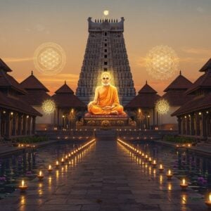 A majestic architectural composition showing a grand South Indian temple complex with modern geometric elements, featuring the distinctive meditation pose of Sree Narayana Guru in the center, rendered in golden light. The Guru sits in padmasana on a lotus platform, wearing simple white mundu, with a peaceful expression and glowing aura. The temple architecture combines traditional Kerala style elements with contemporary design, showing ornate copper-topped roofs, intricate wooden carvings, and sleek glass facades. Floating mandalas and sacred geometry patterns in shades of deep blue and gold surround the scene. The foreground features a serene reflection pool with floating lotus flowers, while the background shows a subtle gradient from dawn orange to spiritual purple. Digital art style merges hyperrealistic textures with Madhubani-inspired patterns, incorporating modern lighting effects and atmospheric perspective. Sacred lamp rows illuminate the pathway, creating a bridge between tradition and modernity.
