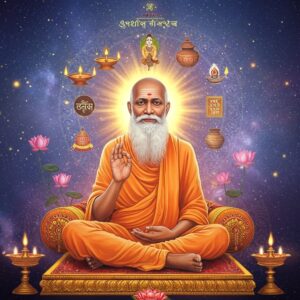 A serene portrait of Sree Narayana Guru seated in padmasana on a golden lotus platform, wearing pristine white dhoti and angavastram, against a cosmic ethereal background. His elderly face radiates divine wisdom with gentle eyes and silver-gray flowing beard. Above him, a large luminous mirror reflects multiple symbols - a glowing lamp, a broken clay pot, and Sanskrit texts - representing his teachings of enlightenment and social reform. The background features a modernized Madhubani-style pattern with interconnected mandalas in deep indigo and gold, symbolizing universal oneness. Floating lotus flowers and light orbs in soft pastels create a celestial atmosphere. The Guru's hands are positioned in chin mudra. The scene is illuminated by warm divine light emerging from behind him creating a subtle golden aura. Artistic style combines hyperrealistic portrait with traditional Indian art elements and modern digital aesthetics, emphasizing both photorealistic details and spiritual symbolism.
