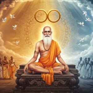 A serene and powerful portrait of Sree Narayana Guru in traditional white dhoti, seated in padmasana on a carved stone platform, emanating golden divine light. His compassionate face shows wisdom and determination, with flowing white beard and spiritual tilak. Behind him, a large, intricate mandala transitions from dark to light, symbolizing social transformation. On either side, two groups of people from different castes and religions - one in shadows, one in light - are shown merging together in the middle, their traditional attire blending into one unified color. Floating above are three interconnected golden rings representing "One Caste, One Religion, One God". The scene incorporates traditional Kerala architecture with temple pillars and lotus motifs. Ethereal rays of light in soft blues and golds pierce through clouds, illuminating the scene. Multiple doves fly upward, symbolizing freedom and equality. The art style combines hyperrealistic details with mystical Madhubani patterns in a modern digital aesthetic. The overall mood is enlightened, hopeful and revolutionary.