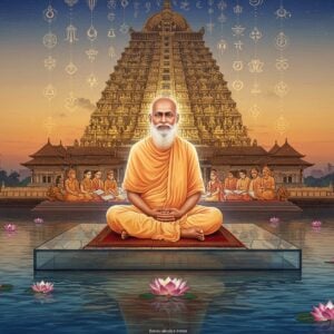 A serene portrait of Sree Narayana Guru in his characteristic white dhoti and shawl, seated in padmasana on a contemporary glass platform floating above a reflective pool. His gentle expression radiates wisdom while a golden aura surrounds him. Behind him, a massive modern interpretation of a Kerala temple architecture transitions from traditional to contemporary design. Multiple translucent layers show scenes of people from different castes studying together, symbolizing social equality. Intricate Madhubani-style patterns in gold and deep blue frame the composition. Floating lotus flowers emit soft blue light, creating pathways across the water. Light beams containing symbols of various religions emerge from his meditation, representing universal brotherhood. The background features a gradient from dawn colors to modern city silhouettes, bridging past and present. The art style combines hyperrealistic digital rendering with traditional Kerala mural art elements, sophisticated lighting effects, and a color palette of whites, golds, deep blues, and subtle sunrise hues. The overall composition should convey both timeless wisdom and contemporary relevance.