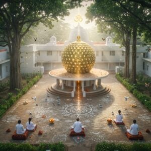 A serene aerial view of Sri Aurobindo Ashram in Pondicherry, featuring its iconic white-and-grey colonial architecture with French influences, surrounded by lush tropical gardens. The central Samadhi shrine glows with a soft, ethereal golden light, adorned with fresh frangipani flowers. A gentle spiritual aura radiates from the shrine in concentric mandala patterns of white and blue. In the foreground, several meditation practitioners in white clothing sit in peaceful meditation on ornate Indian cushions. The scene is bathed in early morning light with sun rays filtering through banyan trees, creating magical light beams. Traditional Kolam patterns decorate the pathways, while butterflies and peaceful doves hover nearby. The Mother's symbol appears as a subtle, glowing watermark in the sky. Art style combines photorealistic architecture with mystical elements, featuring a color palette of whites, soft greys, spiritual golds, and gentle blues, rendered in a dreamy, ethereal quality with aesthetic digital enhancement.