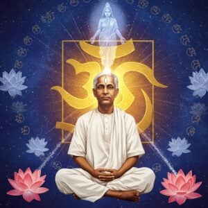 A serene portrait of Sri Aurobindo in three-quarter view, his face radiating divine light with a sublime expression, seated in meditation posture against a cosmic background. He wears simple white dhoti and kurta. Behind him, a large golden Sri Aurobindo symbol (descent and ascent arrows within a square) glows ethereally. The background transitions from deep indigo to celestial blue, filled with spiraling golden light patterns and subtle sacred geometry. Multiple translucent lotus flowers in white and pink float around him, symbolizing spiritual evolution. A subtle visualization of The Mother appears in ethereal form above him, rendered in soft white light. The scene is wrapped in an aura of transformative energy, with streams of white and golden light emerging from his third eye and heart center, forming intricate mandalas. The art style combines hyperrealistic portrait details with mystical Indian elements, featuring a modern digital aesthetic with rich textures and dynamic lighting. The overall composition suggests both deep meditation and spiritual ascension, capturing his integral yoga philosophy.