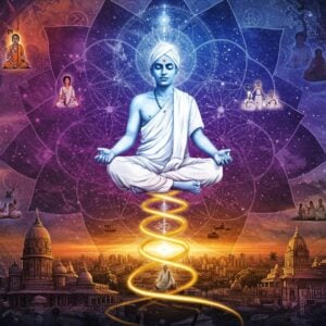 A mystical portrait of Sri Aurobindo in lotus meditation pose, floating above a luminous golden spiral representing evolutionary consciousness. His figure emanates ethereal blue-white light, wearing traditional white dhoti with modern artistic interpretation. Behind him, a massive blooming lotus made of sacred geometry patterns in deep purples and cosmic blues. The scene transitions from traditional Pondicherry architecture at the bottom to futuristic Indian cityscape at the top, connected by intertwining DNA-like strands of light. Multiple translucent layers show scenes of yoga practitioners, modern Indian students, and spiritual seekers in contemporary clothes. Sacred symbols like the Sri Aurobindo symbol and Mother's symbol float in the space, rendered in glowing gold. The artwork combines Madhubani-style decorative patterns with modern digital art techniques, creating a surreal atmosphere with soft pastel highlights and deep jewel tones. Dynamic light rays in saffron and white create a sense of divine energy, while subtle mandalas and Sanskrit symbols float in the background. The overall composition suggests transformation, evolution, and the bridging of ancient wisdom with future possibilities.
