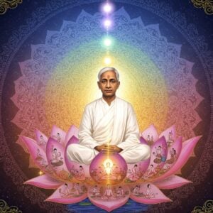A serene portrait of Sri Aurobindo in deep meditation, depicted in a luminous ethereal style, wearing pristine white dhoti and kurta. His face radiates divine light with a subtle golden aura. Behind him, a large cosmic spiral mandala transitions from earthly browns at the base through vibrant chakra colors to pure white light at the top, symbolizing spiritual ascension. The foreground shows a stylized lotus emerging from dark waters into light, with each petal containing miniature scenes of yoga practices and meditation. Multiple translucent layers of consciousness represented by concentric circles in pastel blues and purples surround his form. Sacred geometric patterns in gold filigree interweave throughout the composition. Small glowing orbs of light float around, while subtle imagery of peacock feathers frame the corners. The overall scene combines traditional Madhubani patterns with modern digital art techniques, creating a seamless blend of ancient wisdom and contemporary aesthetics. The lighting is mystical with soft highlights and deep shadows, emphasizing the transformative nature of integral yoga.