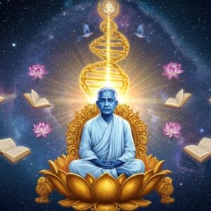 A mystical portrait of Sri Aurobindo seated in deep meditation on an ornate golden lotus throne, his figure radiating divine light in shades of soft blue and white. His expression is serene and enlightened, wearing traditional white dhoti and upper cloth. Behind him, a large symbolic representation of consciousness evolution rises like a spiral DNA structure made of golden light, intertwined with blooming lotus flowers in purple and pink. Multiple ethereal books float around him, their pages transforming into flying birds and butterflies. The background features a blend of traditional Mandala patterns and cosmic imagery, with stars, galaxies, and the rising sun. The scene is illuminated by a soft, otherworldly glow, combining deep indigos, celestial blues, and touches of gold. The art style merges hyperrealistic portrait details with surreal spiritual elements, incorporating both traditional Indian artistic motifs and modern digital aesthetics. Sacred Sanskrit symbols emerge as subtle light forms in the surrounding aura. The Mother's symbol appears as a delicate watermark in golden light above his head.