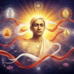 A mystical portrait of Sri Aurobindo in meditation, his face serene and enlightened, floating in an ethereal cosmic space. His form is semi-transparent and luminous, emanating a golden-white spiritual aura. Around him, spiraling streams of consciousness depicted as flowing ribbons in deep indigo, saffron, and pearl white interweave with Sanskrit symbols and lotus motifs. The background features a grand rising sun symbolizing divine consciousness, with rays transforming into soaring birds and blooming lotuses. Multiple planes of existence are shown as translucent layers, each containing elements from his poetry - a golden dawn, ascending flames, mystic roses, and ethereal mountains. The entire scene is rendered in a fusion of traditional Madhubani patterns and modern digital art, with intricate details in metallic gold and deep jewel tones. Floating mandalas and sacred geometry patterns add depth and spiritual symbolism. The lighting is otherworldly, with soft glows and celestial sparkles, creating an atmosphere of transcendental beauty and spiritual elevation. The art style combines hyperrealism with surreal elements, maintaining cultural authenticity while appearing contemporary and sophisticated.
