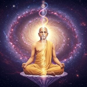 A serene portrait of Sri Aurobindo in deep meditation, seated in padmasana on a crystalline lotus platform floating in ethereal space. His figure emanates a luminous golden-white aura that transforms from dense matter at the base to pure light at the top, symbolizing spiritual evolution. Multiple translucent layers of his form visible simultaneously - from physical to supramental. Behind him, a massive spiral galaxy in deep purples and blues forms a cosmic mandala. Rising kundalini energy visualized as intertwining golden serpents transforms into peacock feathers at crown chakra. Floating sacred geometric patterns and Sanskrit symbols in metallic gold orbit around. The scene is rendered in a fusion of hyperrealistic digital art with traditional Indian Tanjore painting style, featuring rich jewel tones of deep sapphire, royal purple, and burnished gold. Streams of consciousness represented by flowing ribbons of light in spectrum colors emerge from his third eye. His face shows profound peace with slight smile, eyes closed in meditation. The overall atmosphere is otherworldly yet deeply spiritual, with soft ethereal lighting and subtle lens flares.