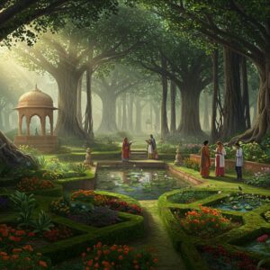 A sun-dappled botanical garden with towering ancient banyan trees, their aerial roots creating natural archways. In the foreground, a stunning array of medicinal herbs and flowering plants arranged in geometric Mughal-style patterns, featuring vibrant marigolds, holy basil (tulsi), and rare Himalayan specimens. A serene pond reflects golden light, with lotus flowers in full bloom. Traditional Indian architectural elements like ornate stone pavilions and carved marble fountains blend seamlessly with the landscape. Soft morning mist creates an ethereal atmosphere, while peacocks roam freely among the flowerbeds. The scene is rendered in a fusion of Madhubani art style with modern digital aesthetics, using rich jewel tones of emerald green, royal blue, and deep crimson. Intricate mandala patterns appear in the garden's layout when viewed from above. Rays of sunlight filter through the canopy, creating magical light patterns on the moss-covered pathways. A group of young Indian botanists in contemporary clothing study the rare specimens, symbolizing the garden's continuing legacy. The overall composition emphasizes the harmonious blend of spiritual heritage and scientific knowledge.
