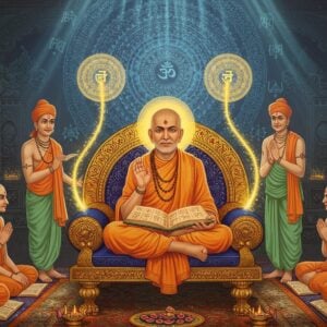 A serene depiction of Sri Jayatirtha in traditional saffron dhoti and angavastram, seated in padmasana on an ornate golden throne decorated with Madhubani-style patterns. His right hand holds sacred Vedic texts while his left hand is in chinmudra. Behind him rises a large, luminous mandala in shades of deep blue and gold, featuring intricate Dvaita philosophy symbols. Two ethereal streams of knowledge, represented by flowing golden light, emerge from the texts he holds, forming circular patterns in the air. The scene is set in a stylized ancient Vedic classroom with floating lotuses and geometric patterns. Multiple translucent layers of his students in respectful poses surround him, created using a ghosted effect in peaceful sage green and soft orange hues. The lighting is divine and otherworldly, with soft rays descending from above. The art style combines traditional Indian miniature painting techniques with modern digital art, featuring rich textures and gradient effects. The overall composition suggests depth, wisdom, and spiritual authority while maintaining a dreamy, transcendent quality.