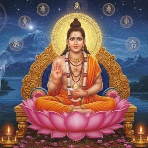 A luminous, divine figure of Sri Pada Srivallabha seated in Padmasana on an ornate golden lotus throne, radiating intense spiritual light in shades of saffron and pearl white. He has three eyes, wearing traditional orange-saffron robes with intricate Madhubani-style patterns, adorned with sacred rudraksha beads and gold jewelry. His right hand shows chinmudra while left hand holds a sacred text. A large, detailed Dattatreya yantra floats behind him in golden light. The background features a mystical landscape with the sacred mountain Kurungadri rendered in ethereal blues and purples, with floating lotus petals and sacred symbols. Multiple translucent rings of mandalas in gold and peacock blue create a cosmic aura. The scene is enhanced with soft glowing orbs of light, subtle smoke elements, and delicate spiritual symbols floating in the air. The art style combines hyperrealistic details with traditional Indian Pattachitra patterns, creating a surreal yet deeply spiritual atmosphere. The lighting emphasizes the divine presence with a combination of warm golden rays and cool celestial blues.
