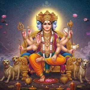 A majestic scene depicting Lord Dattatreya in his traditional form with three serene faces representing Brahma, Vishnu, and Shiva, seated in padmasana on a golden throne. He has six divine hands - right hands holding a conch shell, discus, and mala, left hands holding a water pot, trident, and damaru. Four loyal dogs at his feet symbolizing the four Vedas. Behind him, a luminous ethereal form of Sri Pada Srivallabha emerges, creating a divine aura in soft golden light. The background features an intricate Madhubani-style mandala in deep blues and maroons, with sacred symbols like Om and swastikas woven into the pattern. Floating lotus flowers and mystical smoke in pastel pinks and purples add depth. The scene is illuminated by divine light rays in warm gold and saffron tones. Photorealistic digital art style with Indian traditional art elements, extremely detailed, cinematic lighting, mystical atmosphere, 8k resolution.