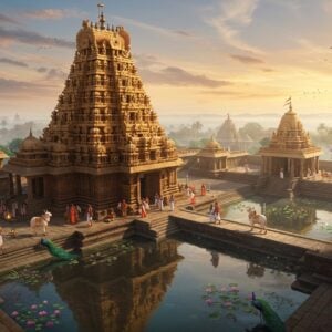 A majestic aerial view of an ancient Indian temple complex dedicated to Sri Pada Srivallabha, with intricate Dravidian architecture in golden-orange hues set against a mystical dawn sky. The main temple features a towering gopuram adorned with detailed sculptures and traditional motifs in the Madhubani style. In the foreground, a serene temple tank reflects the structure like a mirror, surrounded by blooming lotus flowers. Smaller shrines and pradakshina paths encircle the main temple, connected by stone pathways lined with deepa-stambhas (lamp posts). Soft rays of sunlight filter through morning mist, creating an ethereal atmosphere with hints of saffron and peacock blue in the sky. Sacred bulls and peacocks grace the temple courtyard, while devotees in traditional attire perform circumambulation. The scene incorporates subtle elements of Pattachitra art style in the decorative details, with mandala patterns and spiritual symbols etched in gold. The lighting is warm and divine, with a subtle glow emanating from the temple's sanctum sanctorum. Hyperrealistic digital art style with mystical elements, emphasizing both architectural grandeur and spiritual serenity.