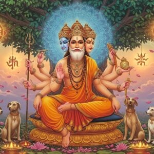 A divine ethereal scene featuring Lord Dattatreya in his first avatar as Sri Pada Srivallabha, depicted as a young sage with three faces representing Brahma, Vishnu, and Shiva, seated in padmasana on a golden lotus platform. He has six arms - right hands holding japa mala, abhaya mudra, and kamandalu; left hands holding trishul, damaru, and sacred texts. His skin has a soft golden glow, wearing saffron robes with intricate Madhubani-style patterns. Behind him rises a large, luminous mandala in peacock blue and gold. Four dogs representing the Vedas sit at his feet. The background features a mystical Peepal tree with glowing leaves, its branches forming sacred geometrical patterns. Floating spiritual symbols like Om and swastikas in golden light surround him. The scene is bathed in ethereal light with soft pastel clouds and floating lotus petals. The art style combines traditional Pattachitra techniques with modern digital aesthetics, creating a serene yet powerful composition. The color palette focuses on deep maroons, saffron, gold, and peacock blue with hints of soft pink and purple in the spiritual aura.