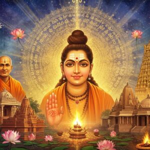 An ethereal portrait of Sri Pada Srivallabha radiating divine golden light, depicted simultaneously in multiple cultural forms - as Datta in North wearing saffron robes with matted hair, as Sripada in South wearing white dhoti with sacred thread, as Narasimha Saraswati in Maharashtra wearing ochre robes with rudraksha beads. His face appears serene and compassionate in all forms. A large intricate mandala in peacock blue and gold forms behind him, containing scripts in various Indian languages - Sanskrit, Telugu, Marathi, Kannada. The background features iconic temples from different regions - Kuruvapur temple, Pithapuram temple, and Kardali math, rendered in traditional Madhubani style with detailed patterns. Floating lotus flowers in soft pink and white surround the scene. The lighting is mystical with streams of divine light in warm gold. The overall composition has a surreal, spiritual quality with swirling energy patterns connecting all elements. Art style combines hyperrealistic digital painting with traditional Indian artistic elements.
