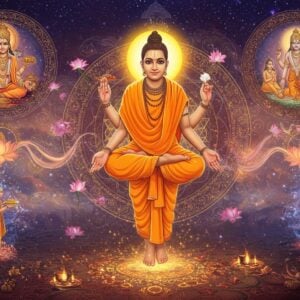 A divine, luminous figure of Sri Pada Srivallabha hovering above ground in meditation pose, wearing saffron robes with intricate golden patterns. His face radiates serene wisdom with a gentle smile, surrounded by a bright golden aura. Three miraculous scenes unfold around him in circular mandala frames: in one, he's blessing devotees with abundant food materializing from thin air; in another, he's transforming water into amrita; and in the third, he's healing sick people with divine light emanating from his palms. The background features a large, ornate Dattatreya yantra in deep maroon and gold. Floating lotus flowers, mystical sacred geometric patterns, and swirling energy streams in peacock blue and soft gold connect the scenes. The overall composition has a dreamy, ethereal quality with soft glowing light effects. The art style combines traditional Pattachitra patterns in the borders with modern digital art techniques, creating a harmonious blend of ancient and contemporary aesthetics. The scene is set in a timeless spiritual realm with subtle hints of stars and cosmic elements.