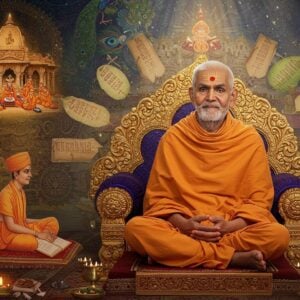 A serene Indian spiritual master in saffron robes seated in padmasana on an ornate golden throne, surrounded by ancient Madhva manuscripts and palm leaves with Sanskrit texts. His face radiates divine wisdom with a gentle smile, tilak marking on forehead, and eyes showing deep meditation. Floating behind him is an ethereal Vyasa Peetha in rich maroon and gold, emitting a soft spiritual glow. The background features intricate Madhubani-style patterns with peacock motifs and geometric mandalas in deep peacock blue and gold. Sacred tulasi plants and traditional brass lamps frame the scene. The lighting is mystical with golden rays filtering through, creating a supernatural ambiance. Multiple translucent layers show scenes of disciples learning, ancient mathas, and philosophical debates in traditional Indian style. The art style combines hyperrealistic digital rendering with traditional Indian Pattachitra elements, emphasizing both spirituality and scholarly wisdom. The mood is deeply contemplative yet accessible, with floating lotus flowers and subtle vedic symbols adding depth and mysticism.