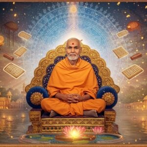 A serene portrait of an elderly Indian spiritual master in traditional saffron robes seated in padmasana on an ornate golden throne, surrounded by intricate Madhubani-style patterns. His face radiates divine wisdom with a gentle smile and peaceful expression. Behind him, a large ethereal mandala glows in soft blues and golds, emanating rays of spiritual light. Sacred texts and palm leaf manuscripts float around him, their edges illuminated with a subtle golden glow. In the foreground, a pristine lotus pond reflects the scene, creating perfect symmetry. Multiple layers of translucent veils in saffron and white create depth. The background features subtle depictions of temples and ashrams in traditional Pattachitra art style. Warm golden light bathes the entire scene, while small particles of divine light float in the air. The composition seamlessly blends photorealistic details with mystical Indian art elements, creating a harmonious balance between traditional spirituality and contemporary digital art aesthetics. 8k resolution, cinematic lighting, ultra-detailed, studio quality.