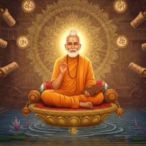 A serene portrait of an elderly Indian saint with a radiant face, seated in padmasana on a golden lotus platform floating above calm waters. He wears traditional saffron robes with intricate Madhubani-style patterns. His right hand is in chin mudra while his left hand holds ancient palm leaf manuscripts. Behind him, a large ethereal mandala glows in soft gold and peacock blue, emanating rays of divine light. Multiple smaller mandalas float around him, containing symbolic representations of Vedantic teachings. The background features a mystical library with floating scrolls and sacred texts rendered in Pattachitra art style. Subtle symbols of the Dvaita philosophy appear as delicate golden motifs. The scene is illuminated by warm, divine light creating a soft halo effect. Architectural elements of ancient Mathas blend with surreal cosmic elements. The color palette focuses on deep saffron, celestial blues, and metallic golds. The art style seamlessly merges traditional Indian miniature painting techniques with modern digital art aesthetics, creating a dreamy, spiritual atmosphere.
