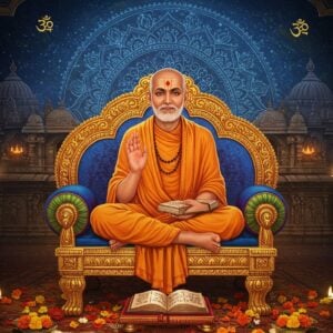 A serene portrait of Sri Sripadaraja as a revered Madhwa saint, seated in padmasana on an ornate golden throne adorned with Madhubani-style patterns. He wears traditional saffron robes with intricate border designs, holds sacred texts in his right hand and his left hand is in chin mudra. His face radiates divine wisdom with a gentle smile and tilaka mark. Behind him, a large, ethereal mandala in peacock blue and gold emanates spiritual energy. The background features the Manchale temple architecture with its distinctive gopuram. Floating vishnu symbols like shankha and chakra appear as subtle golden outlines. The scene is illuminated by soft, diffused light creating a mystical atmosphere. In the foreground, brass oil lamps and scattered marigold flowers create depth. The art style combines traditional Indian miniature painting techniques with modern digital art, featuring rich jewel tones of maroon, saffron, and deep blue with metallic gold accents. The overall composition suggests depth of knowledge and spiritual enlightenment.