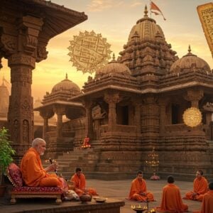 A majestic ancient stone temple complex in Madhwa architectural style with intricate carved pillars and golden spires, illuminated by warm sunset light. In the foreground, a serene courtyard features a sacred tulsi plant on an ornate stone pedestal. A distinguished elderly Indian guru in saffron robes sits in padmasana on a traditional wooden seat, teaching a group of disciples. The scene is adorned with traditional Madhubani-style decorative elements along the temple walls, featuring peacocks, lotuses, and geometric patterns in deep maroon and peacock blue. Floating golden mandalas and subtle Vedic symbols hover in the air, creating a mystical atmosphere. The background shows ancient palm leaf manuscripts and sacred texts, rendered in a modern digital art style. Soft glowing diyas and incense smoke add layers of spirituality. The overall composition combines photorealistic architecture with ethereal lighting and traditional Indian art elements, creating a harmonious blend of historical authenticity and contemporary digital aesthetics. The style emphasizes both the historical significance and the living tradition, with highly detailed textures and a rich color palette of saffron, gold, and earth tones.