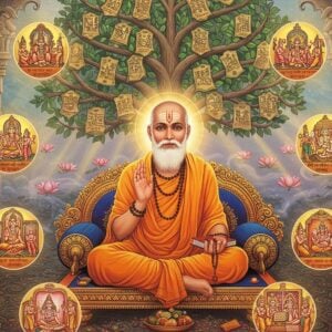 A serene portrait of Sri Vadiraja Tirtha as a distinguished sage with traditional Indian features, seated in padmasana on a golden throne adorned with Madhubani-style peacock motifs. He wears saffron robes with intricate Dvaita symbols and holds sacred texts in his right hand and a japamala in his left. Behind him rises a massive Tree of Knowledge with branches forming the shape of two intertwining paths, representing Dvaita philosophy's dualism. The tree's leaves are made of glowing Sanskrit manuscripts in gold. Around him float eight mystical spheres depicting his major literary works, each sphere containing miniature scenes in Pattachitra style. The background features a grand temple architecture with floating lotuses and divine light streaming through pillars. Soft ethereal mist in pastel blues and golds swirls around the scene. The lighting is warm and divine, with rays of light creating a halo effect. The art style combines hyperrealistic digital rendering with traditional Indian art elements, featuring deep maroons, peacock blues, and burnished gold colors. Small vignettes in Phad style along the bottom show scenes from his life in Udupi.