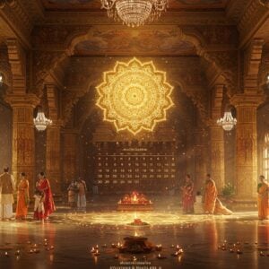 A grand, majestic hall interior with soaring pillars adorned with intricate Dravidian architecture patterns in gold and saffron. The central focus shows a luminous 3D mandala floating in mid-air, emanating soft golden light that bathes the space. Traditional Indian families in modern formal wear (men in crisp kurtas, women in elegant sarees) are gathered in small groups around the hall. The space features contemporary amenities seamlessly integrated with traditional elements - crystal chandeliers, polished marble floors with rangoli patterns, and state-of-the-art lighting systems highlighting the ornate ceiling murals. In the background, a large digital calendar displaying auspicious dates glows with a subtle golden aura. The scene is rendered in a modern digital art style while maintaining traditional Indian artistic elements, with warm lighting creating an inviting atmosphere. Floating diyas and lotus flowers add a magical touch to the ambiance, while subtle rays of morning sunlight stream through large ornate windows, creating dramatic light patterns on the floor.