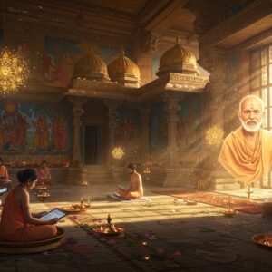 A grand traditional South Indian temple-style educational institution with golden-domed gopurams and intricate Dravidian architecture, bathed in warm morning sunlight. In the foreground, a serene courtyard features students in modern clothing sitting cross-legged on ornate brass plates, studying from both digital tablets and ancient palm leaf manuscripts. The scene is adorned with blooming lotus flowers and floating diyas. The walls showcase detailed Madhubani-style murals depicting scenes from Vedantic philosophy in rich jewel tones of sapphire, emerald, and gold. Ethereal rays of light filter through contemporary glass windows, creating magical light patterns on the traditional stone floor. A holographic projection of Vedanta Desika himself appears as a spiritual guide, rendered in glowing golden light, wearing traditional acharya attire with namam. The atmosphere combines ancient wisdom with modern technology, with floating mandalas and sacred geometrical patterns in the air. The lighting is mystical and dreamy, with soft blues and golds. The art style merges hyperrealistic architectural details with ethereal digital effects, maintaining cultural authenticity while showcasing technological advancement. A modern interpretation of a traditional gurukul environment with floating sacred threads and Vedic symbols in the air, rendered in a contemporary digital art style.