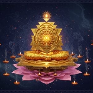 A mystical, three-dimensional Sri Yantra floating in ethereal space, rendered in gleaming gold sacred geometry against a deep indigo background. The yantra emanates a soft, otherworldly glow, with intricate details of nine interlocking triangles perfectly aligned. Swirling energy patterns in shades of saffron and white light spiral around the yantra, while delicate lotus petals unfold beneath it. Small points of light, like stars, illuminate the sacred geometry. Translucent mandalas in pastel pink and turquoise float in the background. The scene is enhanced with wisps of sacred smoke carrying sandalwood and jasmine fragrances, visualized as elegant curves in pearl white. Subtle Madhubani-style motifs frame the corners, while the central bindu point radiates powerful golden rays. The composition should be photorealistic with a modern digital art finish, creating a sense of depth and divine energy. Small floating diyas with golden flames encircle the yantra, their light reflecting off the sacred geometry.