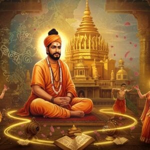 A majestic portrait of Srimanta Sankardev in traditional Assamese attire with white dhoti and gamosa, seated in a cross-legged position against an ethereal background featuring a massive golden Namghar structure. His face radiates divine wisdom with a serene expression, tilak on forehead. The scene transitions from traditional to modern through intricate Assamese motifs and patterns flowing like digital energy streams. In the foreground, traditional Sattriya dancers perform in graceful poses, their movements captured through trails of golden light. The background features a stylized map of Assam rendered in peacock blue and saffron, with symbols of Vaishnavite movement floating as luminous mandalas. The composition includes ancient manuscripts of Kirtan Ghosa and Naam Ghosa transforming into modern digital tablets, symbolizing the timeless relevance. Soft rays of morning sun filter through ornate Namghar pillars, creating dramatic light and shadow play. The art style combines traditional Assamese manuscript painting techniques with modern digital art, featuring rich colors like deep maroon, saffron, and gold with ethereal glowing effects. The atmosphere is mystical yet contemporary, with floating lotus petals and symbolic elements of Ekasarana Dharma rendered in a surreal, spiritual manner.