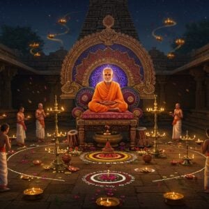 A serene night scene of an ancient stone temple courtyard illuminated by hundreds of traditional brass oil lamps, with a central figure of Sri Padaraja depicted in deep meditation posture wearing saffron robes. The saint is seated on a decorated lotus throne, emanating a soft golden aura. A large ornate Madhubani-style mandala floats behind him, featuring intricate patterns in deep maroon and peacock blue. Traditional Carnatic musical instruments - veena, mridangam, and tambura - are artistically arranged around him. The foreground shows detailed rangoli patterns made with flowers in white and yellow. Multiple devotees in traditional South Indian attire are shown performing pradakshina (circumambulation) around the saint, their figures creating a flowing circular composition. The scene includes floating lotus petals and spiraling spiritual energy visualized as golden light streams. The architecture features authentic Hoysala temple style elements with detailed stone carvings. The overall atmosphere combines mystical spirituality with historical authenticity, rendered in a style merging traditional Pattachitra art with modern digital techniques.