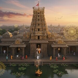 A majestic aerial view of Sripadaraja Mutt temple complex in traditional Dravidian architecture, rendered in a blend of photorealistic and ethereal style. The grand entrance features ornate gopuram with intricate golden carvings against a dawn sky with soft pink and orange hues. A gentle divine glow emanates from the temple's inner sanctum. The foreground shows a serene courtyard with a sacred pushkarini (temple tank) reflecting the morning light, surrounded by blooming lotus flowers. Modern elements include subtle digital wayfinding symbols and information points seamlessly integrated into the traditional architecture. The scene is enhanced with floating translucent mandalas and sacred geometric patterns in gold and saffron. Small groups of devotees in traditional attire are seen entering the temple. The overall composition combines Madhubani-style decorative elements with contemporary digital art techniques, creating a harmonious blend of ancient and modern aesthetics. Soft ambient lighting creates a welcoming and spiritual atmosphere, with rays of light filtering through the temple columns.