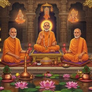 A majestic temple courtyard scene depicting three illustrious Madhwa saints in traditional saffron robes seated in ascending levels, representing the guru parampara. The central figure radiates divine golden light, holding sacred Madhwa texts and a tulasi mala. The background features an ornate South Indian temple architecture with intricate golden carvings and mandala patterns. Floating mystical symbols of Madhwa philosophy including ankita of Sri Hari ethereally hover in the air. The scene is illuminated by multiple brass temple lamps creating a warm, spiritual atmosphere. In the foreground, ceremonial items like copper kalasha, flowers, and ritual items are artistically arranged. The art style combines traditional Mysore painting techniques with modern digital aesthetics, using rich colors of deep saffron, royal purple, and burnished gold. Sacred tulasi plants frame the corners, their leaves catching the divine light. Multiple lotus flowers in various stages of bloom float in a small temple tank, reflecting the gurus' images. The overall composition creates a sense of timeless spiritual succession and divine wisdom.