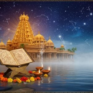 A serene and mystical scene featuring an intricately detailed traditional Indian temple architecture with the Sripadaraja Mutt's distinctive gopuram in rich gold and saffron hues, emerging from a cosmic background filled with constellations and zodiac symbols rendered in glowing celestial blue. In the foreground, an ornate brass stand holds an ancient panchanga manuscript with gilded edges, its pages gently floating as if moved by divine energy. Surrounding the manuscript are various symbolic elements - a golden kalasha, burning oil lamps with ethereal flames, and scattered marigold flowers. Soft rays of divine light filter through the scene, creating a luminous atmosphere. Traditional Madhubani-style borders frame the scene, incorporating celestial motifs, sun, moon, and stars in metallic gold against deep maroon. The overall composition should blend traditional Indian art with modern digital aesthetics, featuring a harmonious color palette of deep blues, gold, saffron, and subtle purples. Mystical smoke wisps carry subtle Sanskrit symbols, while crystal-clear water reflects the entire scene, adding depth and spirituality.