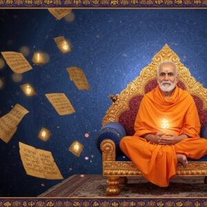 A serene Indian sage in saffron robes seated in padmasana on an ornate golden throne, radiating divine light, surrounded by floating ancient palm leaf manuscripts with intricate Sanskrit writings. The background features a large, ethereal mandala in deep blue and gold, with concentric patterns of lotus petals. Multiple softly glowing orbs of light hover around, casting a warm golden aura. Traditional Madhubani-style decorative borders frame the scene, featuring peacocks and vines in rich maroon and peacock blue. The sage's hands are positioned in chin mudra, with a peaceful expression and tilak on forehead. Floating sacred symbols like Om, swastika, and other yantra patterns appear in a subtle, translucent form. The lighting is mystical with rays of divine light streaming from above, creating a dreamlike atmosphere. The art style blends traditional Indian miniature painting techniques with modern digital art aesthetics, emphasizing photo-realistic details in the sage's features while maintaining spiritual symbolism.
