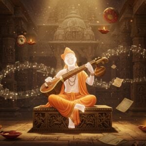 A serene Indian classical music scene set in an ornate ancient temple courtyard, featuring a luminous figure of Sripadaraja in traditional ochre robes seated on a carved stone platform. He plays a golden veena emitting visible musical notes that transform into ethereal peacocks and lotuses. Around him, intricate Madhubani-style patterns in deep maroon and saffron swirl through the air. The background features towering temple architecture with detailed carvings illuminated by warm golden light. Floating diyas and tamburas create a mystical atmosphere. The scene includes subtle Haridasa symbols and manuscripts with musical notations. The lighting is divine with soft rays filtering through temple pillars, creating a harmonious blend of spirituality and classical artistry. Hyperrealistic digital art style with rich textures and atmospheric depth. The color palette focuses on deep golds, earthy saffrons, and peaceful blues with accents of burgundy.