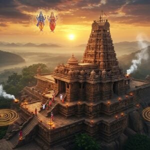 A majestic aerial view of Srisailam Temple perched atop Nallamala Hills during sunrise, with golden rays illuminating the ancient Dravidian architecture. The main gopuram rises prominently with intricate stone carvings depicting scenes from Shiva Purana. Lord Mallikarjuna Swamy (Shiva) and Goddess Brahmaramba Devi's divine forms float ethereally above the temple, surrounded by a glowing mandala. The temple complex is surrounded by misty forests and the Krishna River flows serenely below, creating a mystical atmosphere. Several devotees in traditional attire can be seen climbing the ancient stone steps. Sacred smoke from yajna rises in spiral patterns, intertwining with morning clouds. The scene features rich colors of dawn - deep saffron, royal blue, and gold, with sparks of divine light. The art style combines hyperrealistic architectural details with ethereal spiritual elements, modern digital lighting effects highlighting the temple's grandeur. Small oil lamps dot the temple periphery, their flames creating a warm glow against the stone walls.