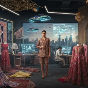 A young, confident Indian female entrepreneur in a modern fusion outfit (structured blazer with traditional embroidery) standing in a sleek design studio filled with floating, ethereal fabric swatches in trending 2025 colors (neon pastels, metallic earth tones). Behind her, a massive mood board showcases intricate Madhubani-style patterns merging with futuristic design elements. Digital holographic projections display clothing sketches while traditional artisans work on detailed embroidery. The space features a harmonious blend of modern technology (3D printers, smart mirrors) and traditional crafting tools. Floating golden geometric patterns frame the scene, with soft ambient lighting creating a warm glow. The studio opens to a Mumbai skyline with flying electric vehicles. The color palette combines deep maroon and peacock blue with modern chrome and rose gold accents. The scene is rendered in a style mixing high-tech digital art with traditional Indian miniature painting techniques, creating a perfect balance between heritage and innovation. In the foreground, a collection of sustainable fabrics draped in contemporary silhouettes catches the light dramatically.