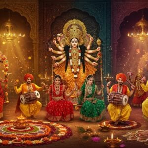 A dynamic, panoramic scene showcasing five distinct Indian regional festivals seamlessly blending into each other: Kerala's Onam with intricate pookalam made of marigolds and roses in the foreground; Bengal's Durga Puja featuring a golden traditional idol backdrop with red hibiscus garlands; Rajasthan's vibrant Teej celebration with women in leheria saris on decorated swings; Punjab's Baisakhi with bhangra dancers in sunshine yellow turbans and kurtas; and Maharashtra's Ganesh Chaturthi with an ornate mandapa. The scene transitions through rich jewel tones - deep maroon, royal blue, saffron, emerald green, and gold. Ethereal light streams through temple archways, illuminating traditional dancers and musicians in regional costumes. Intricate Madhubani-style border patterns frame the scene, while floating diyas, lotus flowers, and peacock feathers add magical elements. Modern digital lighting effects create a dreamy atmosphere with soft golden bokeh and subtle lens flares. The composition follows a flowing, circular pattern, symbolizing India's continuous cycle of celebrations. Hyperrealistic style with magical realism influences, 8K resolution, cinematic lighting.